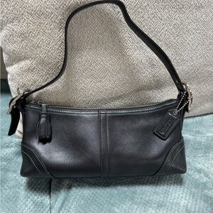 Vintage Coach Y2K Demi Shoulder Bag, Black Leather with Teal stitching accents.